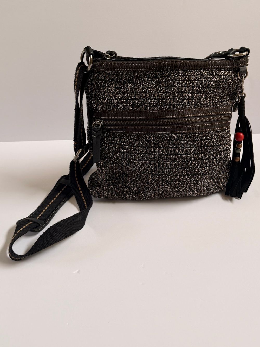 Sak Crossbody Bag Lucia Black Gray Crochet Knit Eco Twill Tassel Adjustable